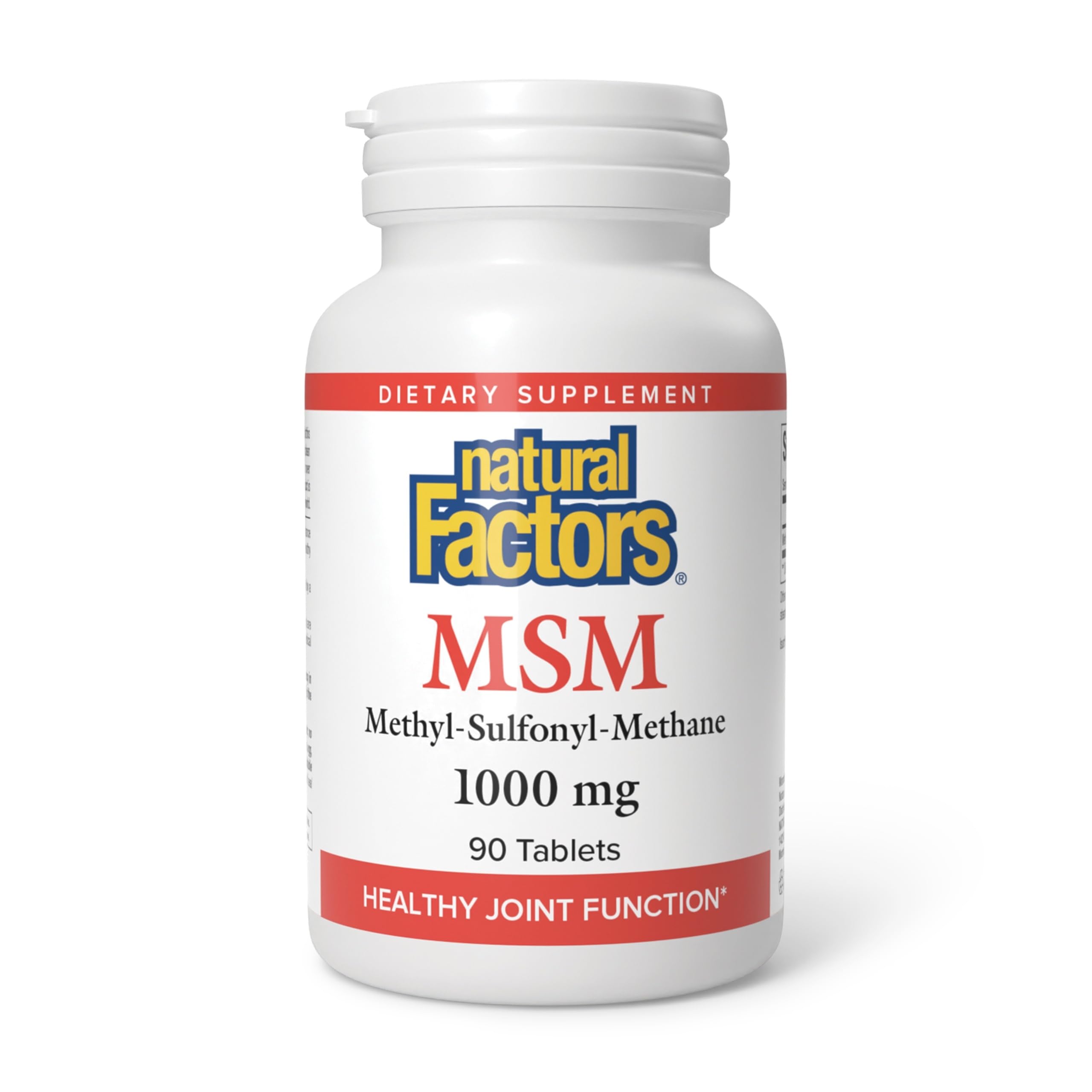 Natural Factors MSM 1000 mg: botella con etiqueta frontal, soporte para articulaciones en uso diario.