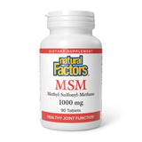 Natural Factors MSM 1000 mg: botella con etiqueta frontal, soporte para articulaciones en uso diario.