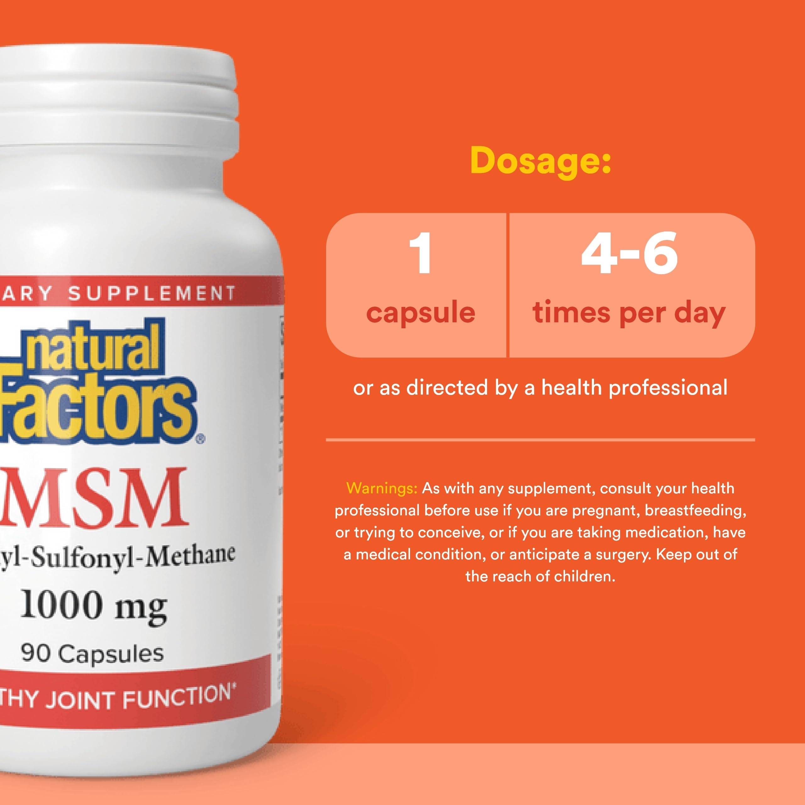 Natural Factors MSM etiqueta frontal: dosis clara para articulaciones