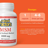 Natural Factors MSM etiqueta frontal: dosis clara para articulaciones