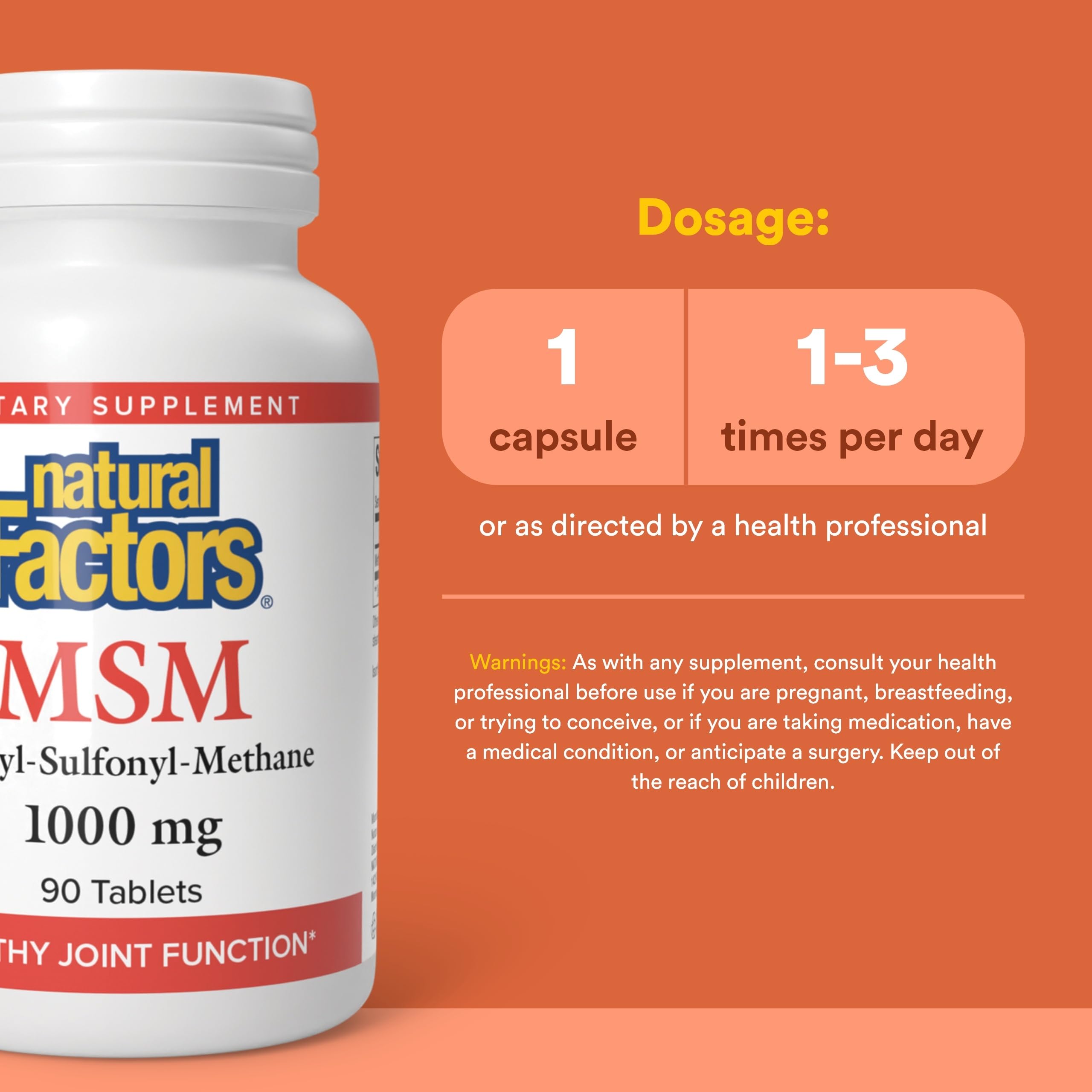 Natural Factors MSM, etiqueta detalla ingredientes, uso seguro como suplemento natural para bienestar general.