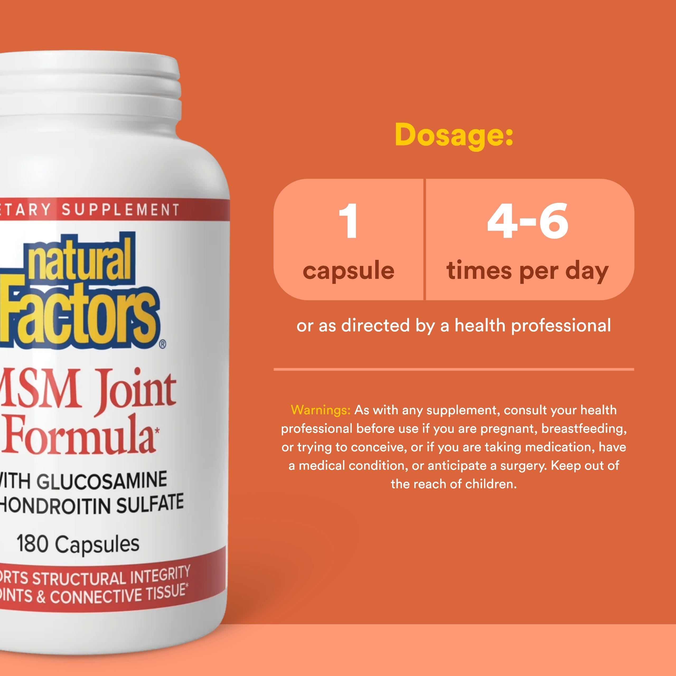 Natural Factors MSM: etiqueta clara con información de ingredientes para articulaciones