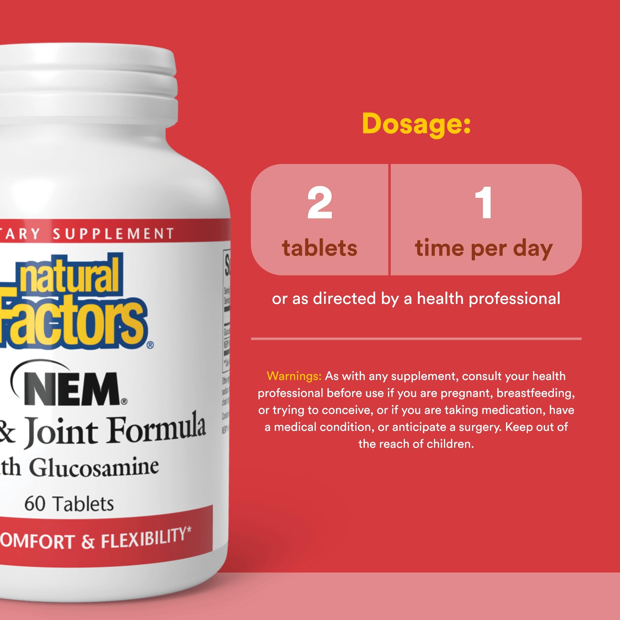 Natural Factors NEM Knee & Joint etiqueta con ingredientes clave.