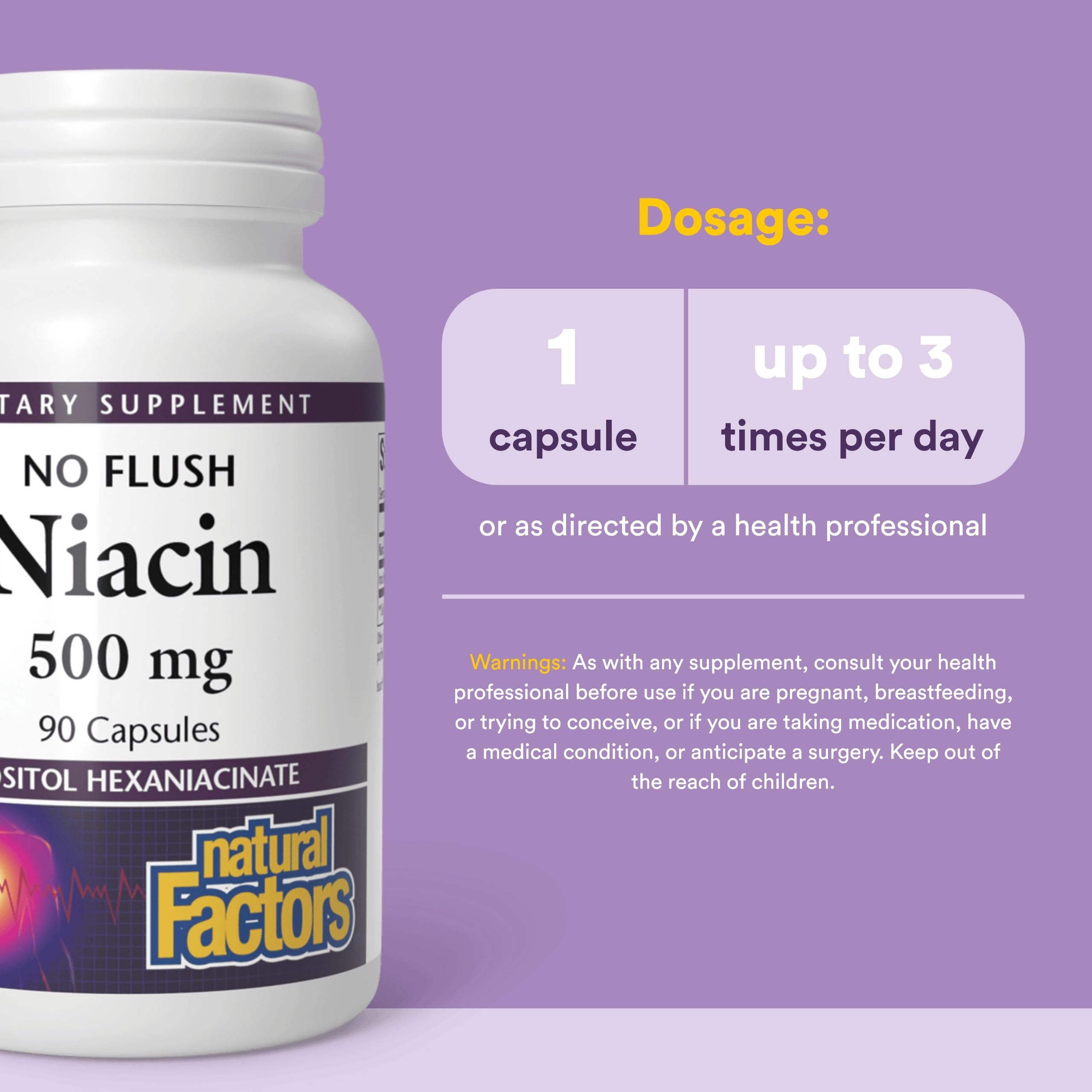 Natural Factors No Flush Niacin 500 mg, etiqueta: fórmula de liberación suave para uso diario.