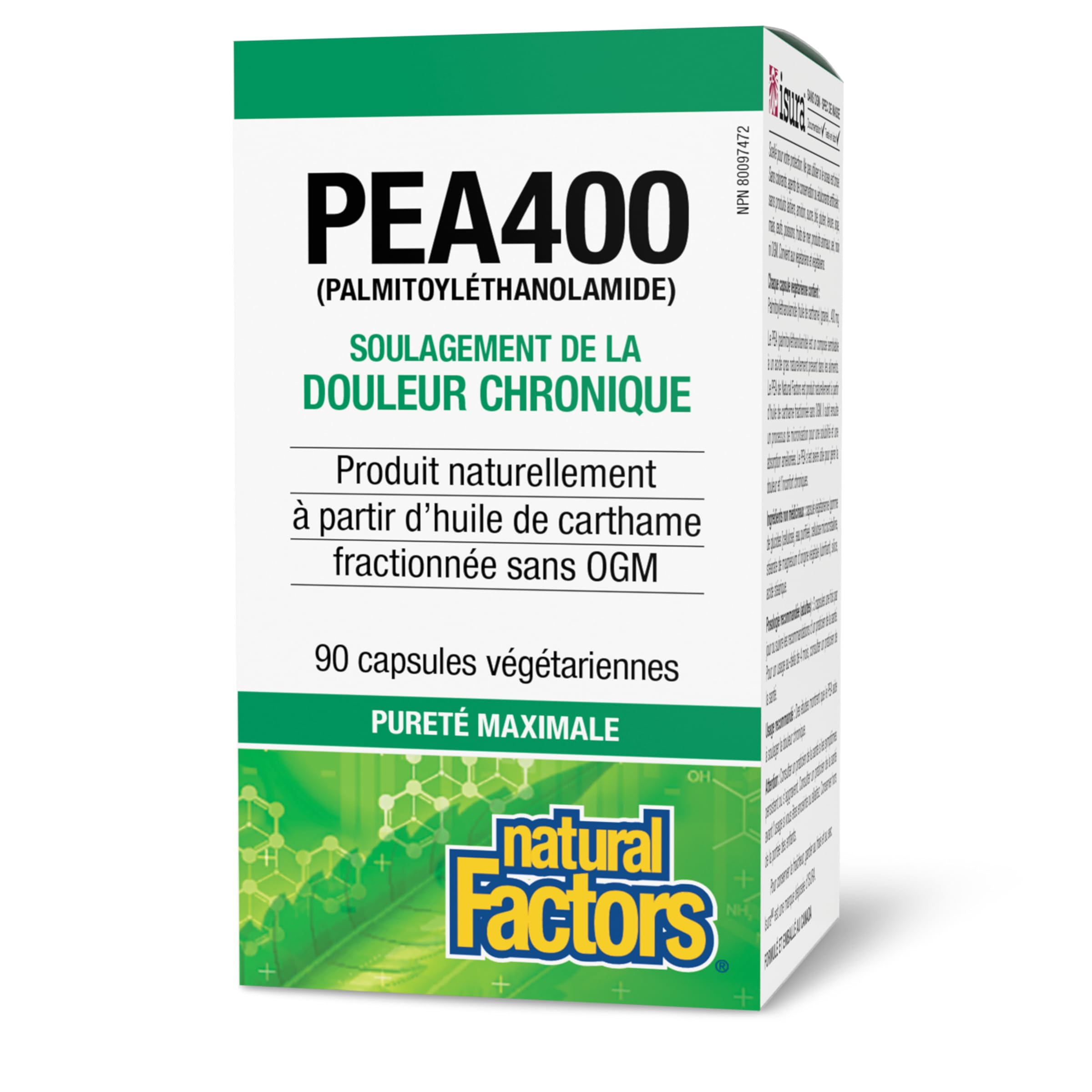 Natural Factors PEA400 empaque: vegano y libre de gluten.