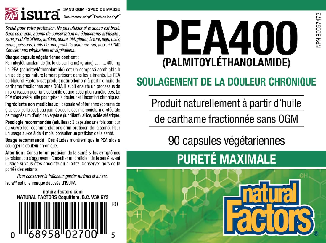 Natural Factors PEA400 fuente vegetal, suplemento para bienestar diario.