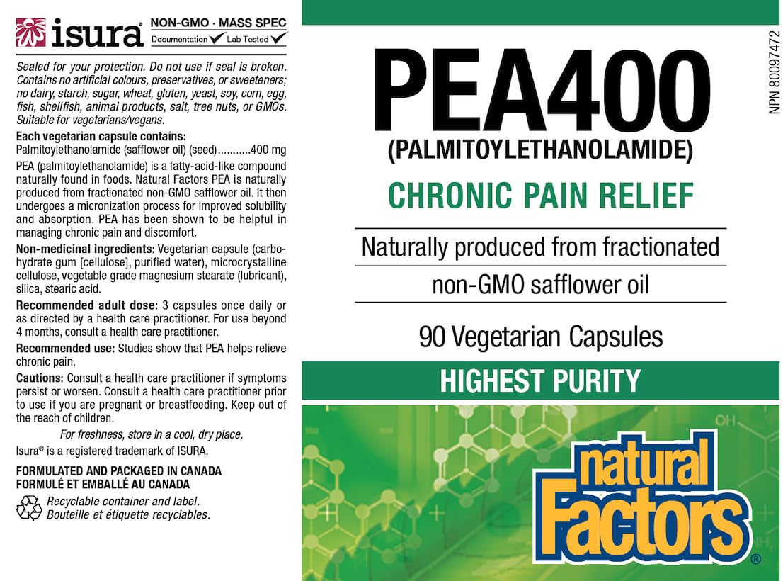 Natural Factors PEA400 sin gluten y sin alérgenos comunes.