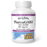 Natural Factors Pharma GABA: botella con tabletas masticables para relajación diaria y calma.