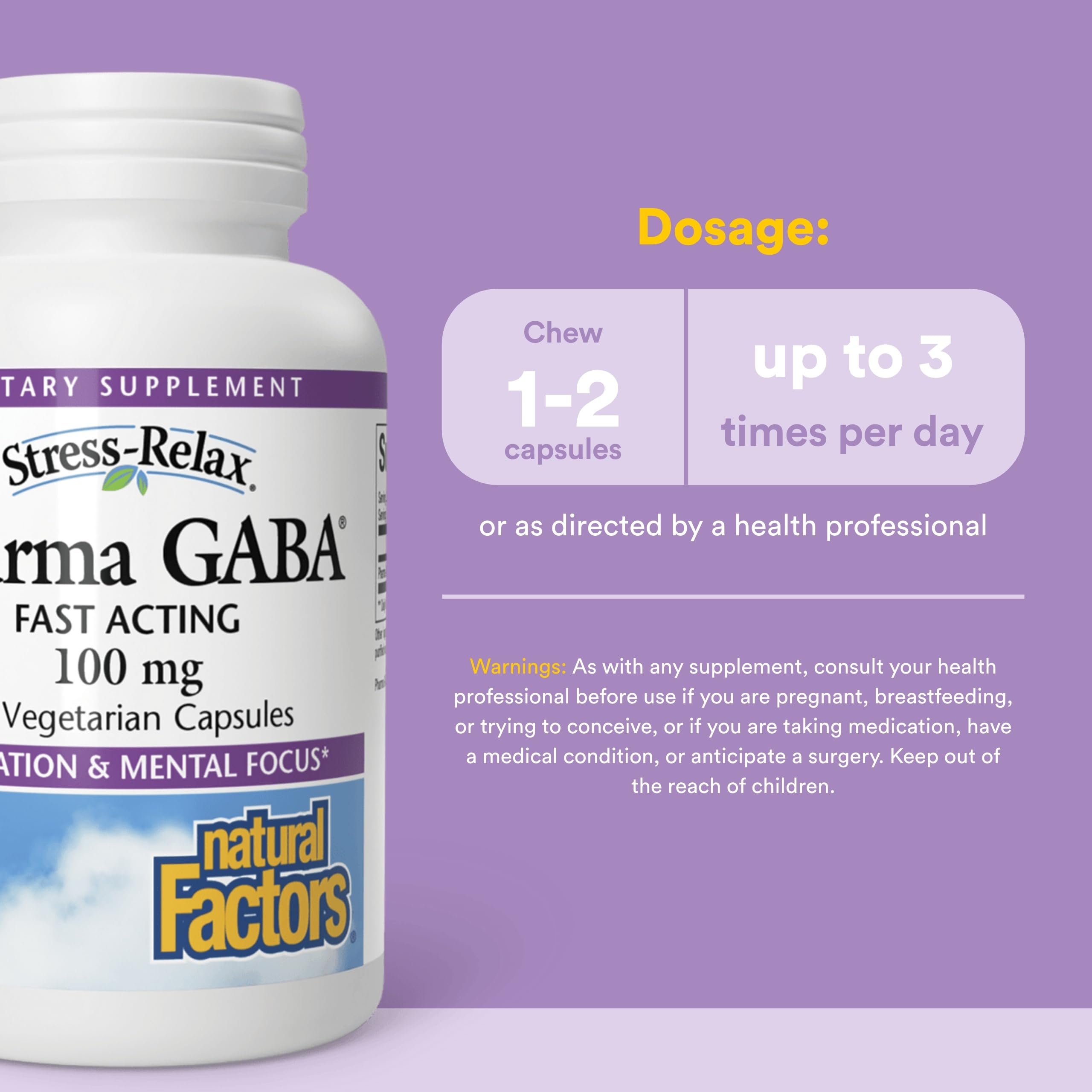 Natural Factors Pharma GABA, cápsulas en mano, opción vegetariana para relajación diaria.