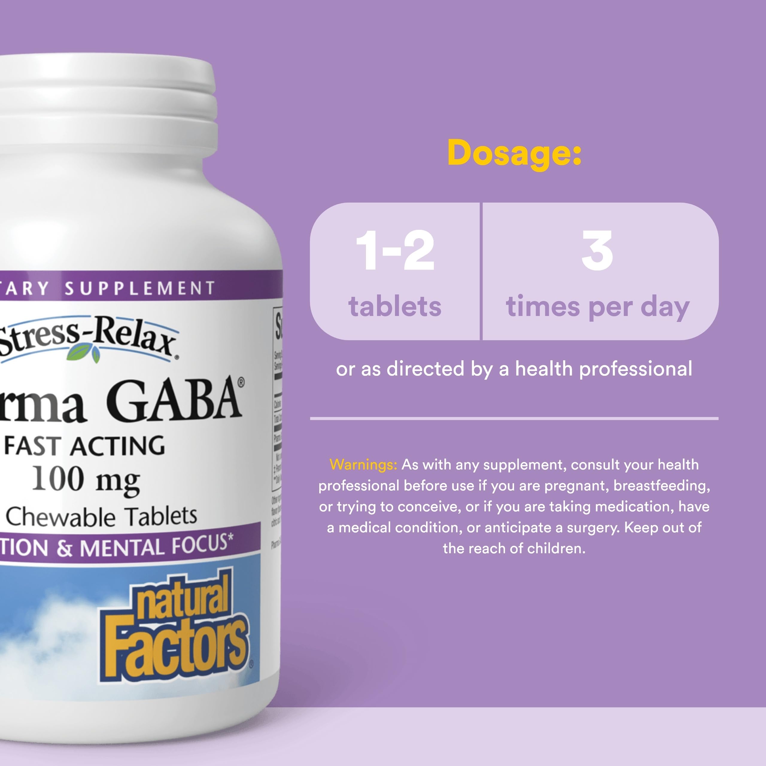 Etiqueta de Natural Factors Pharma GABA resume beneficios para descanso y enfoque.