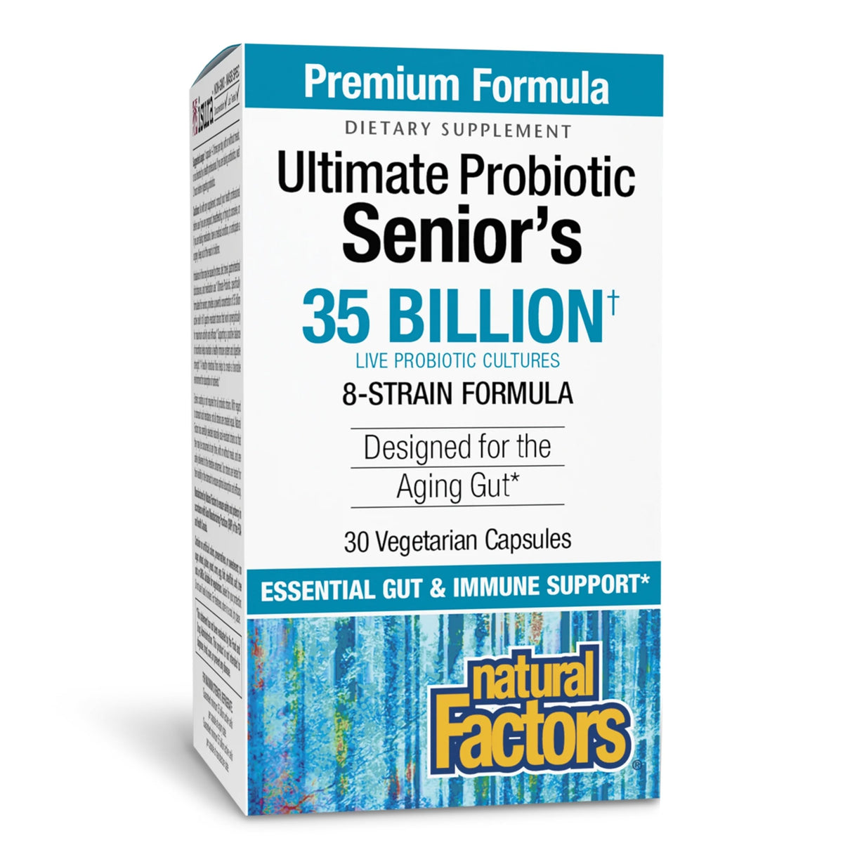 Natural Factors Probiotico Senior en botella; apoyo diario para equilibrio intestinal.