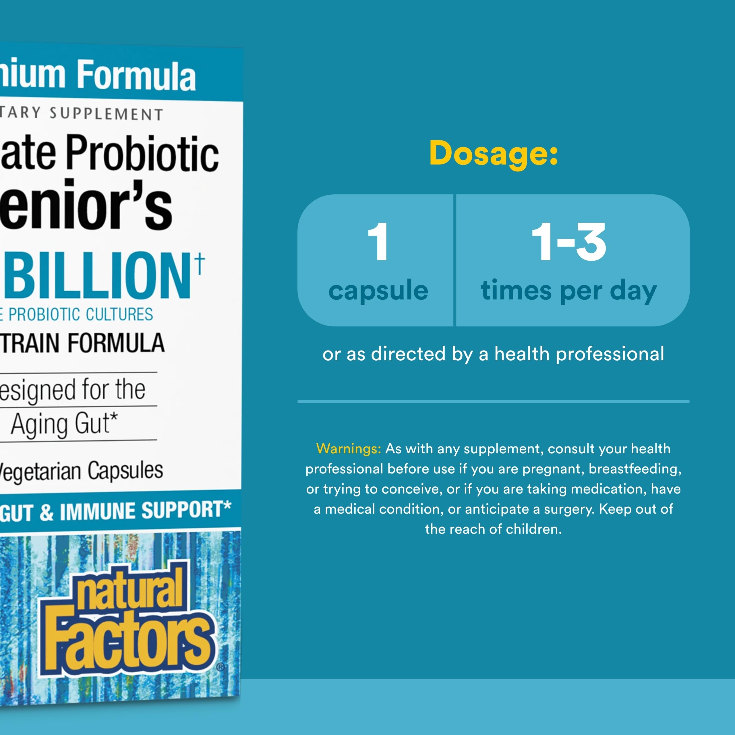 Natural Factors Probiotico Senior, enfoque digestivo equilibrado para comodidad diaria.