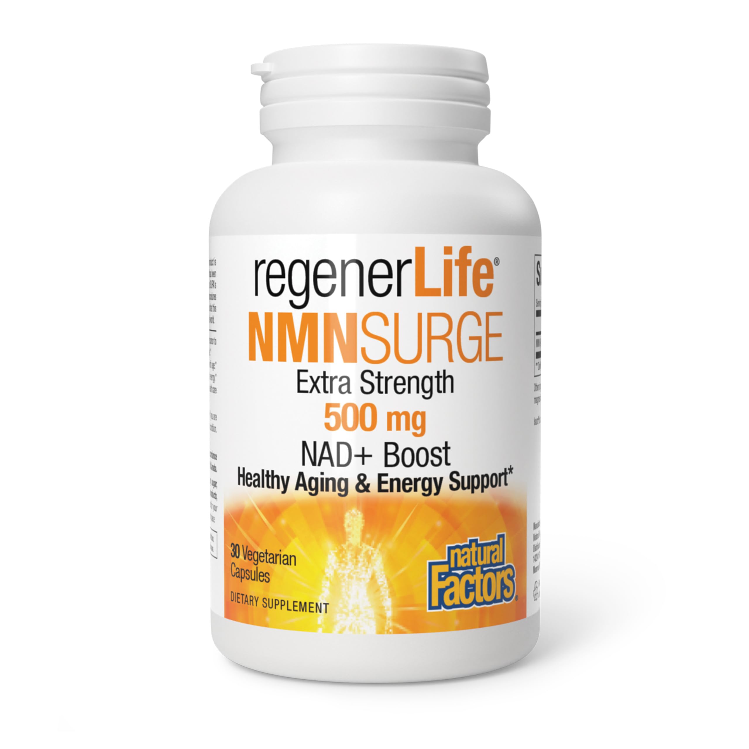 Regenerlife NMN de Natural Factors en botella de 500 mg para energía diaria.