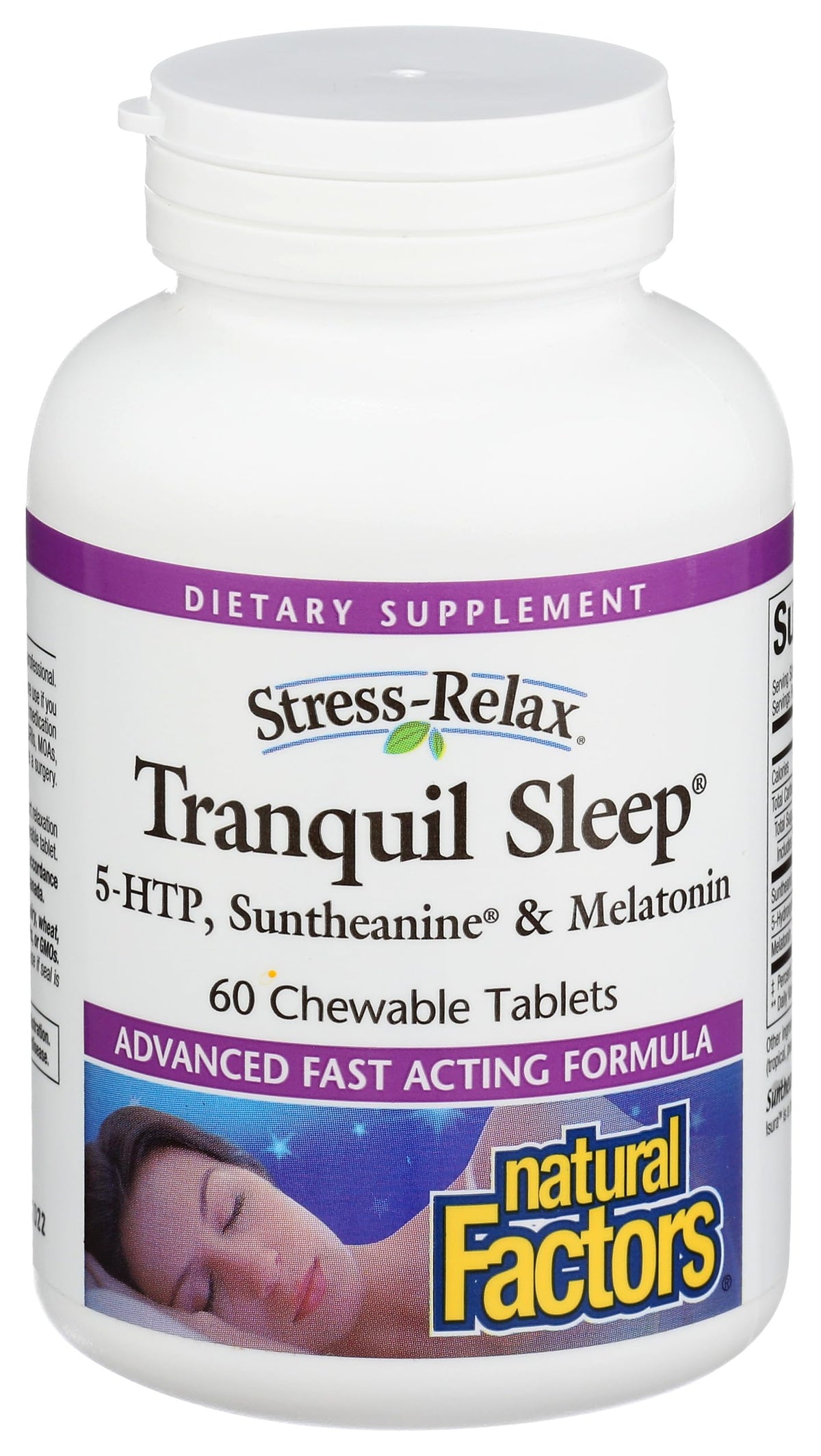 Natural Factors relajación de estrés para dormir más fácilmente, caja con tabletas masticables.
