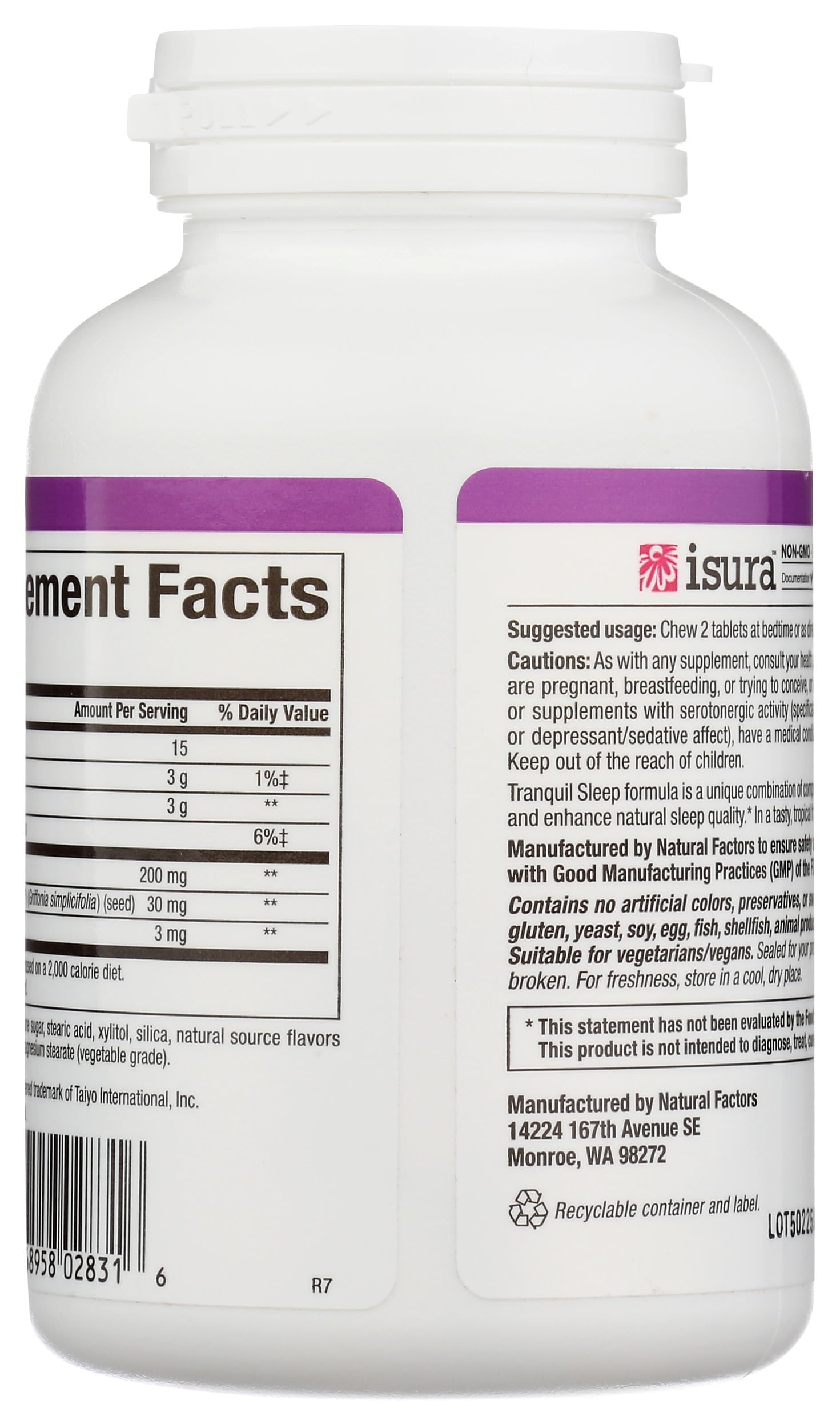 Natural Factors relajación de estrés para dormir, tableta masticable lista para tomar.