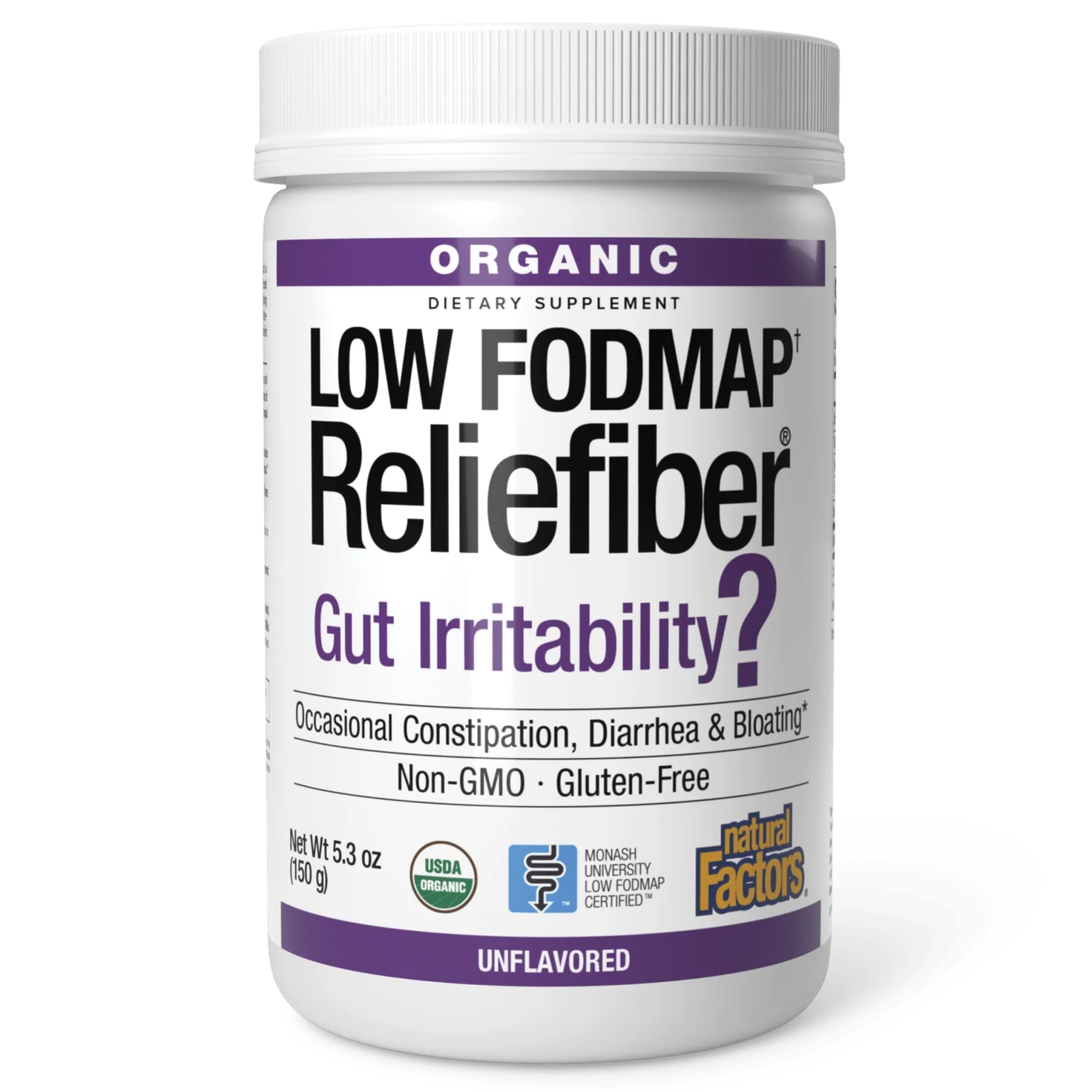 Reliefiber de Natural Factors en frasco, polvo para soporte digestivo diario.