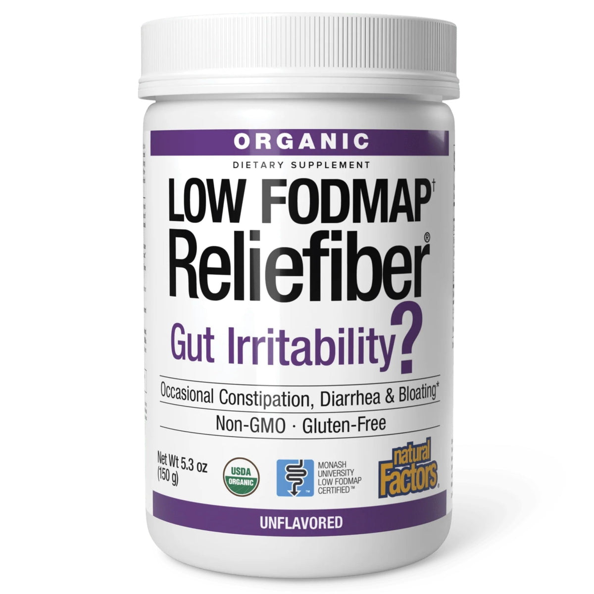Reliefiber de Natural Factors en frasco, polvo para soporte digestivo diario.