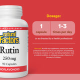 Natural Factors Rutin 250 mg, primer plano de cápsula, complemento para la salud de vasos sanguíneos.
