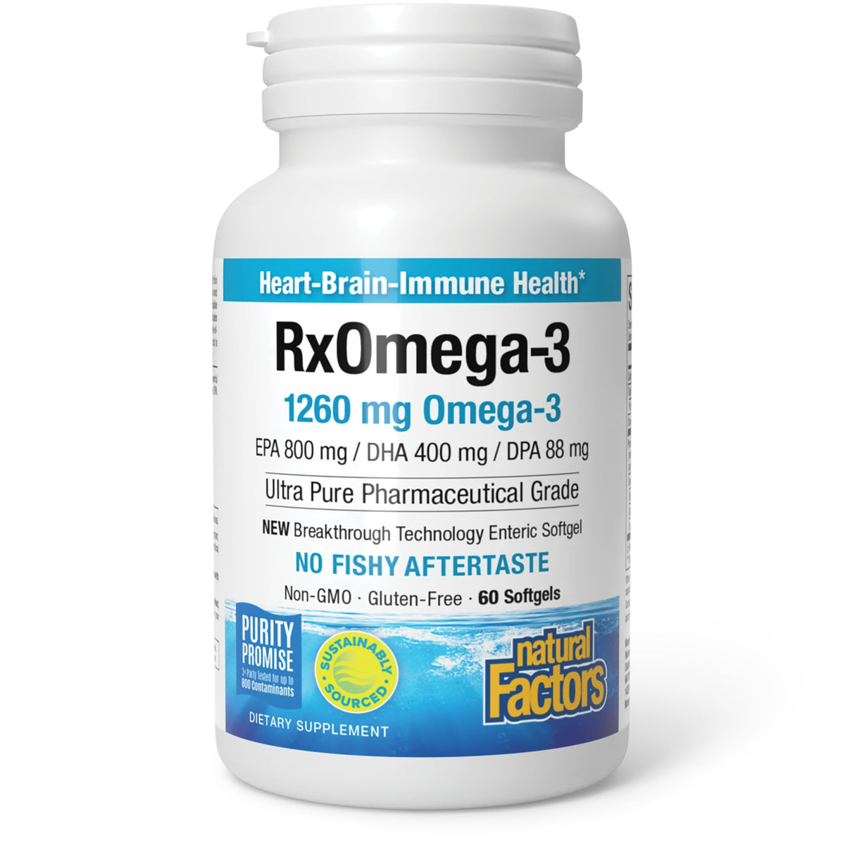 Natural Factors RxOmega-3: botella frontal para resaltar pureza y calidad del suplemento