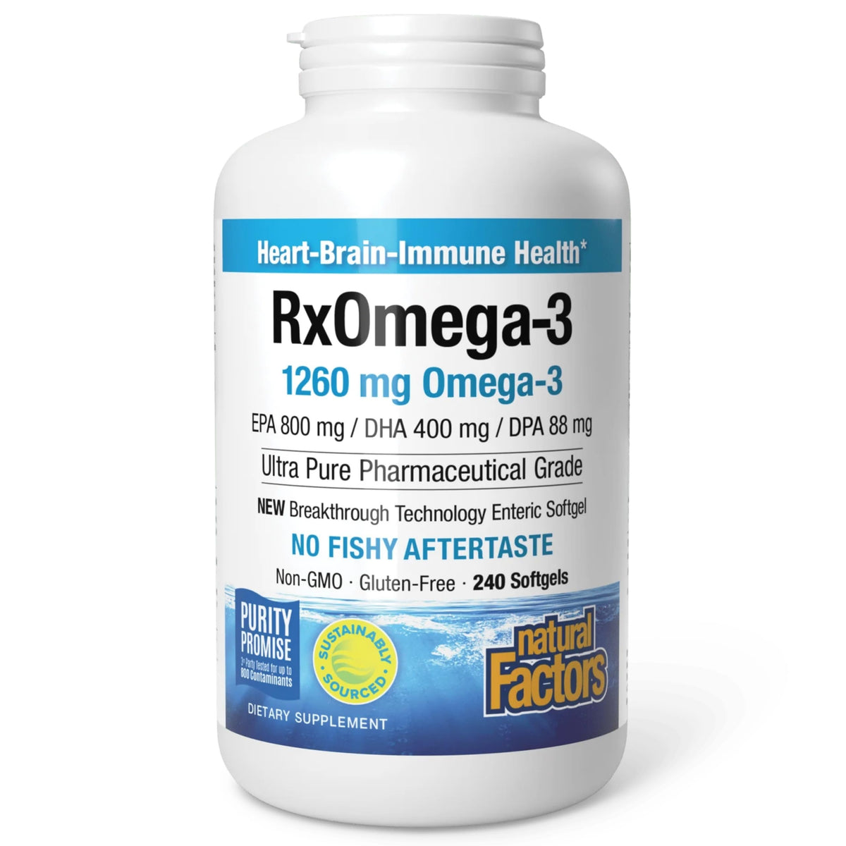 RxOmega-3 Natural Factors: cápsulas gel suaves para uso diario y soporte general.