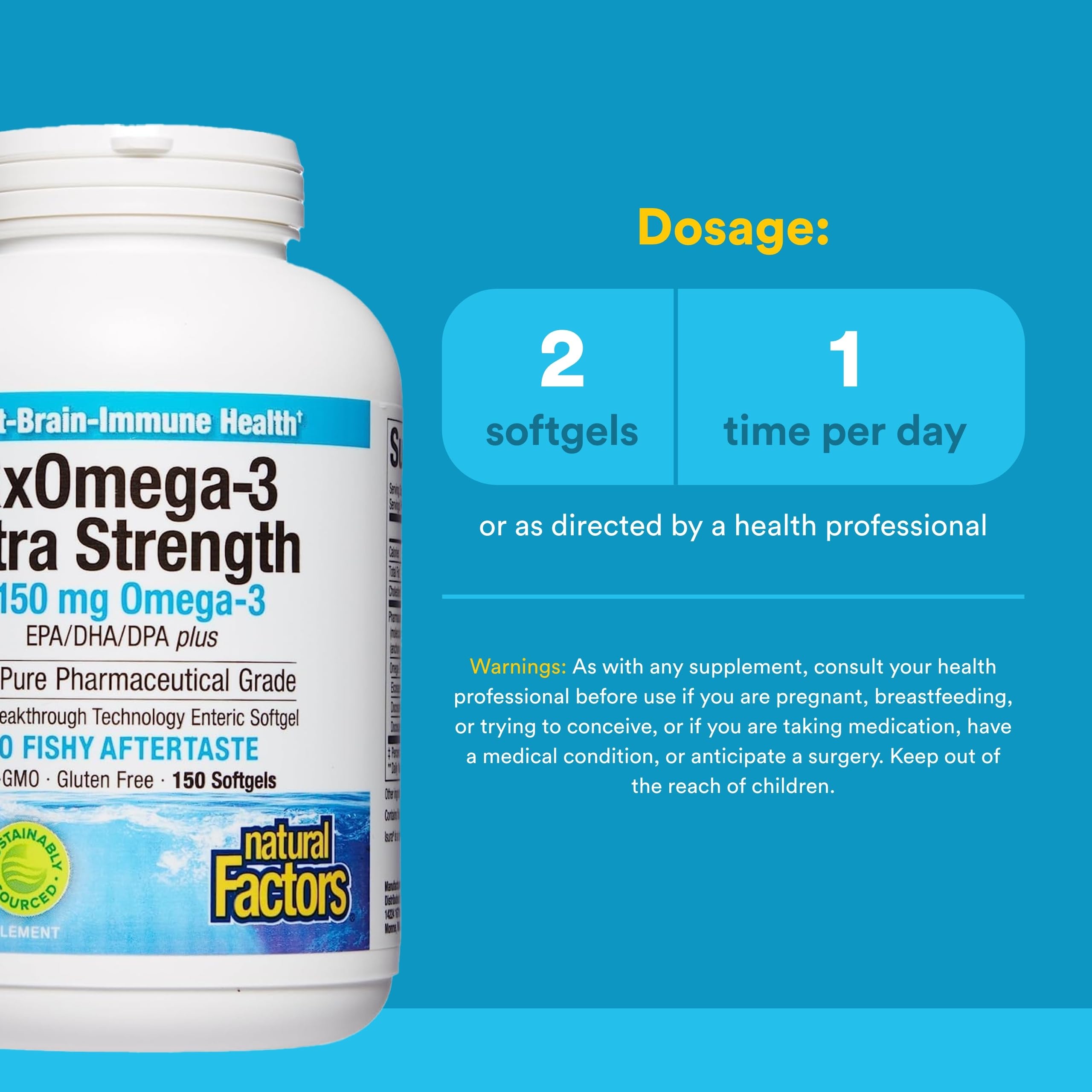 Natural Factors RxOmega-3 Ultra Strength, etiqueta que resalta distilación molecular y pureza.