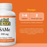 Natural Factors SAMe 200 mg, etiqueta frontal con dosis y beneficios.