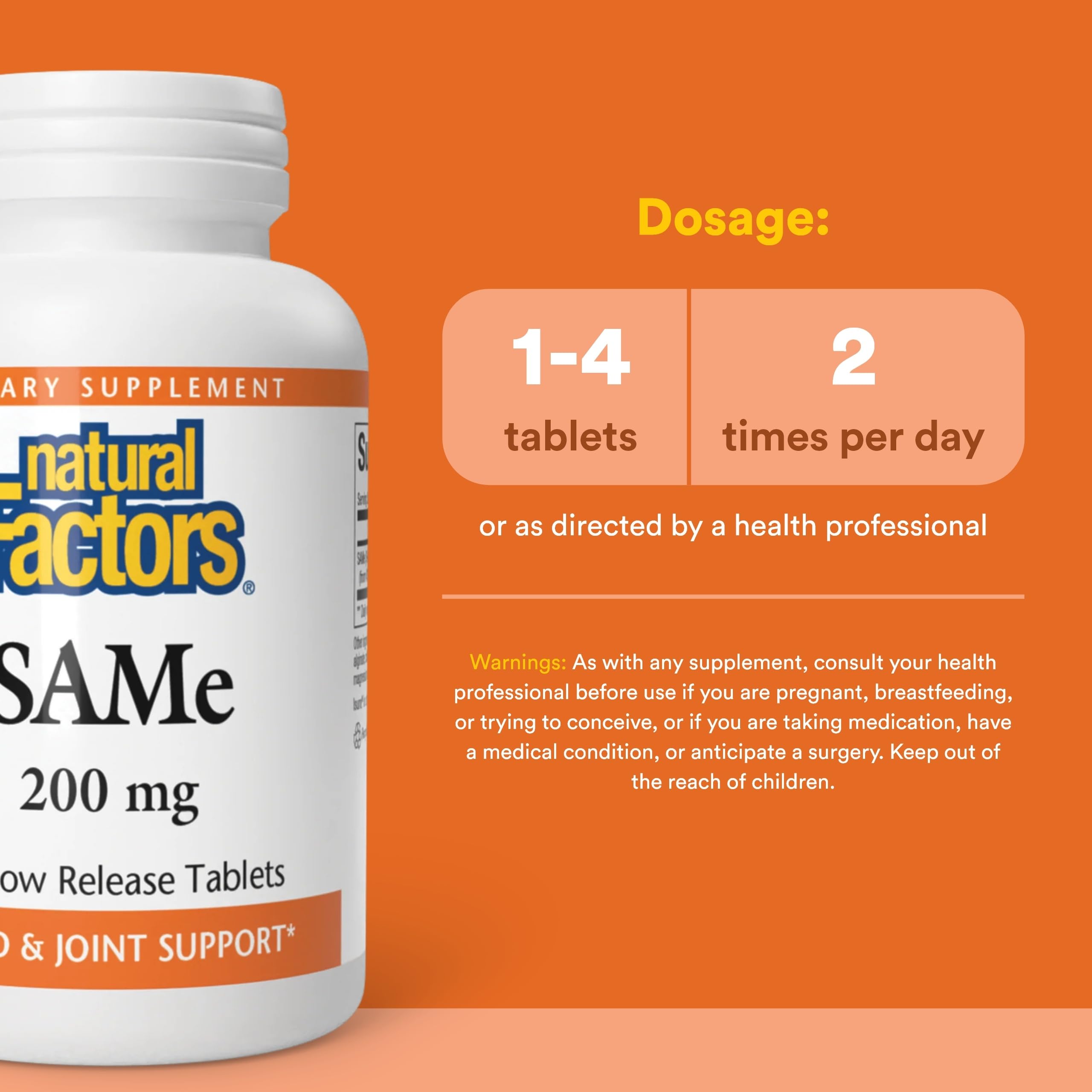 Natural Factors SAMe 200 mg, etiqueta legible, información clara para el usuario