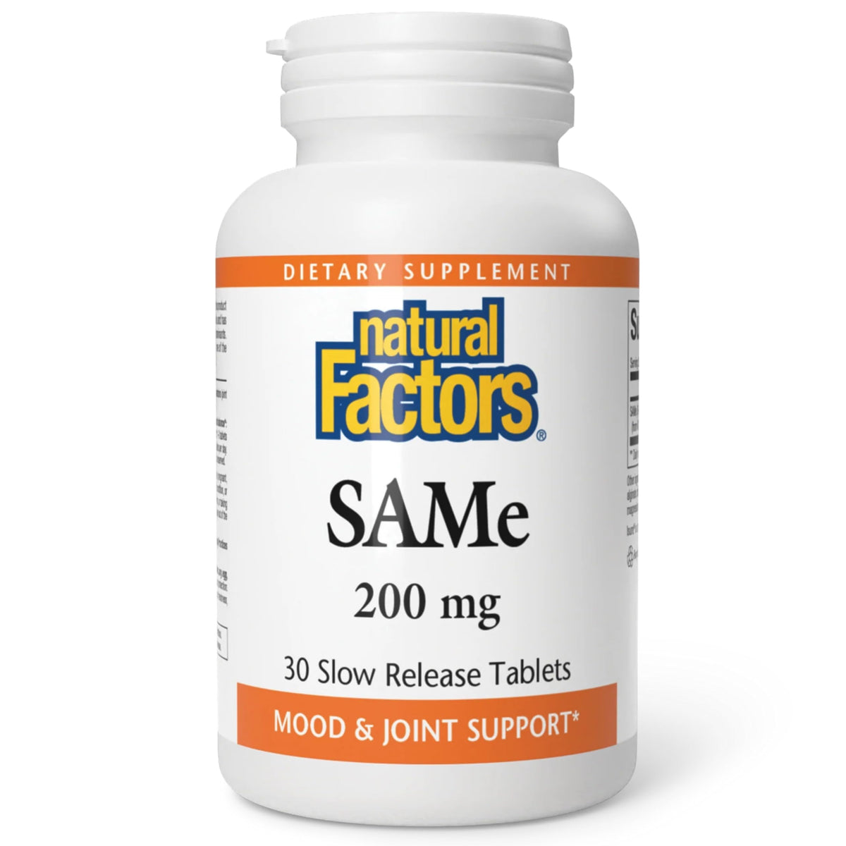 Natural Factors SAMe 200 mg, tabletas entéricas para apoyo emocional y articular.