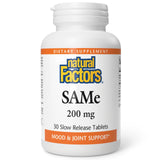 Natural Factors SAMe 200 mg, tabletas entéricas para apoyo emocional y articular.
