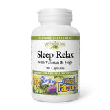 Natural Factors Sleep Relax Formula, botella visible, posible apoyo para un sueño más sereno.