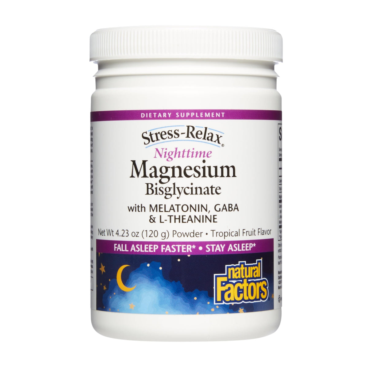 Natural Factors Stress-Relax, botella de magnesio bisglicinato para relajación nocturna.