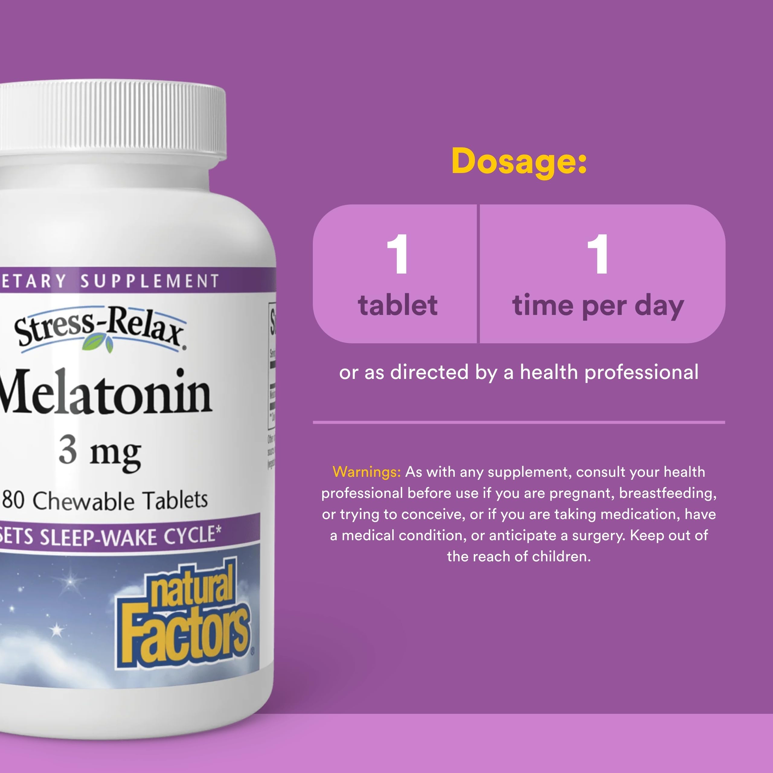 Stress-Relax Melatonina de Natural Factors envase con tabletas masticables mentoladas.