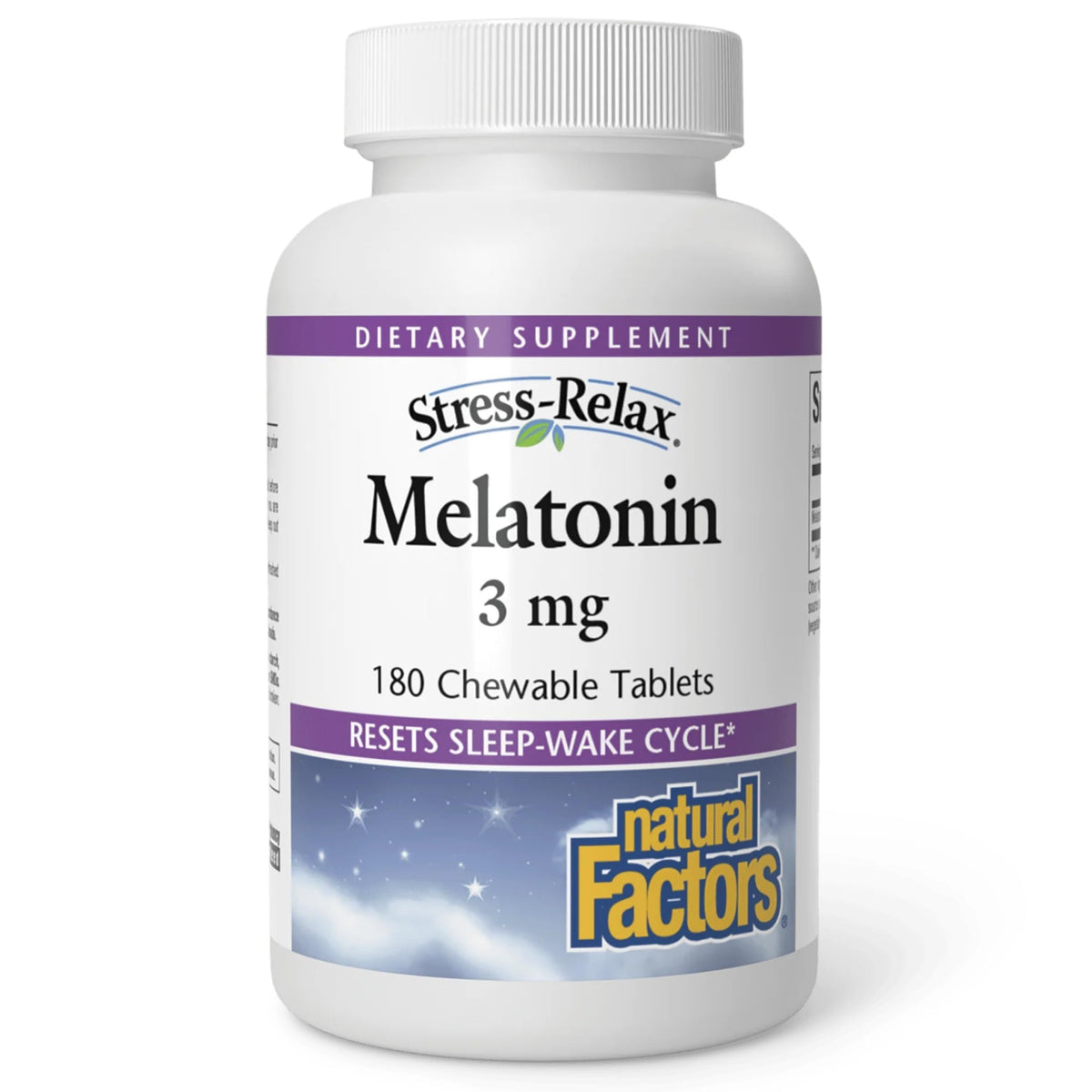 Natural Factors Stress-Relax Melatonina envase con tabletas masticables para dormir naturalmente.