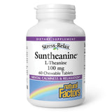 Suntheanine de Natural Factors: envase y tabletas masticables para calma diaria.