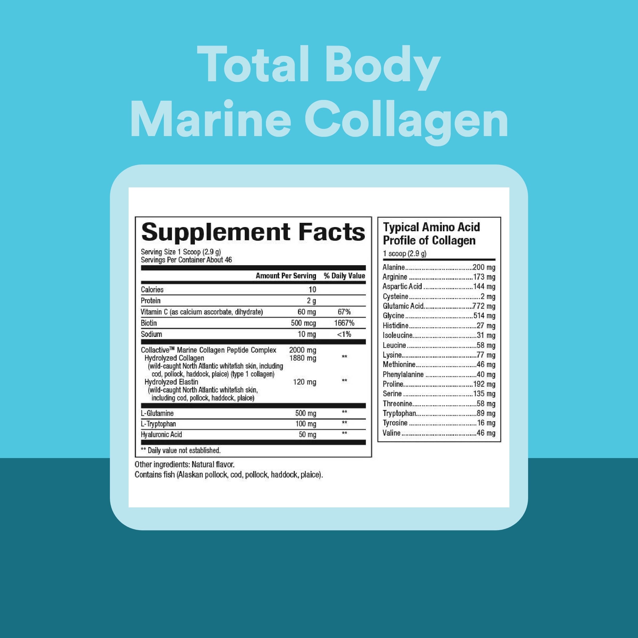 Natural Factors Total Body Marine Collagen, etiqueta con información de ingredientes y beneficios.
