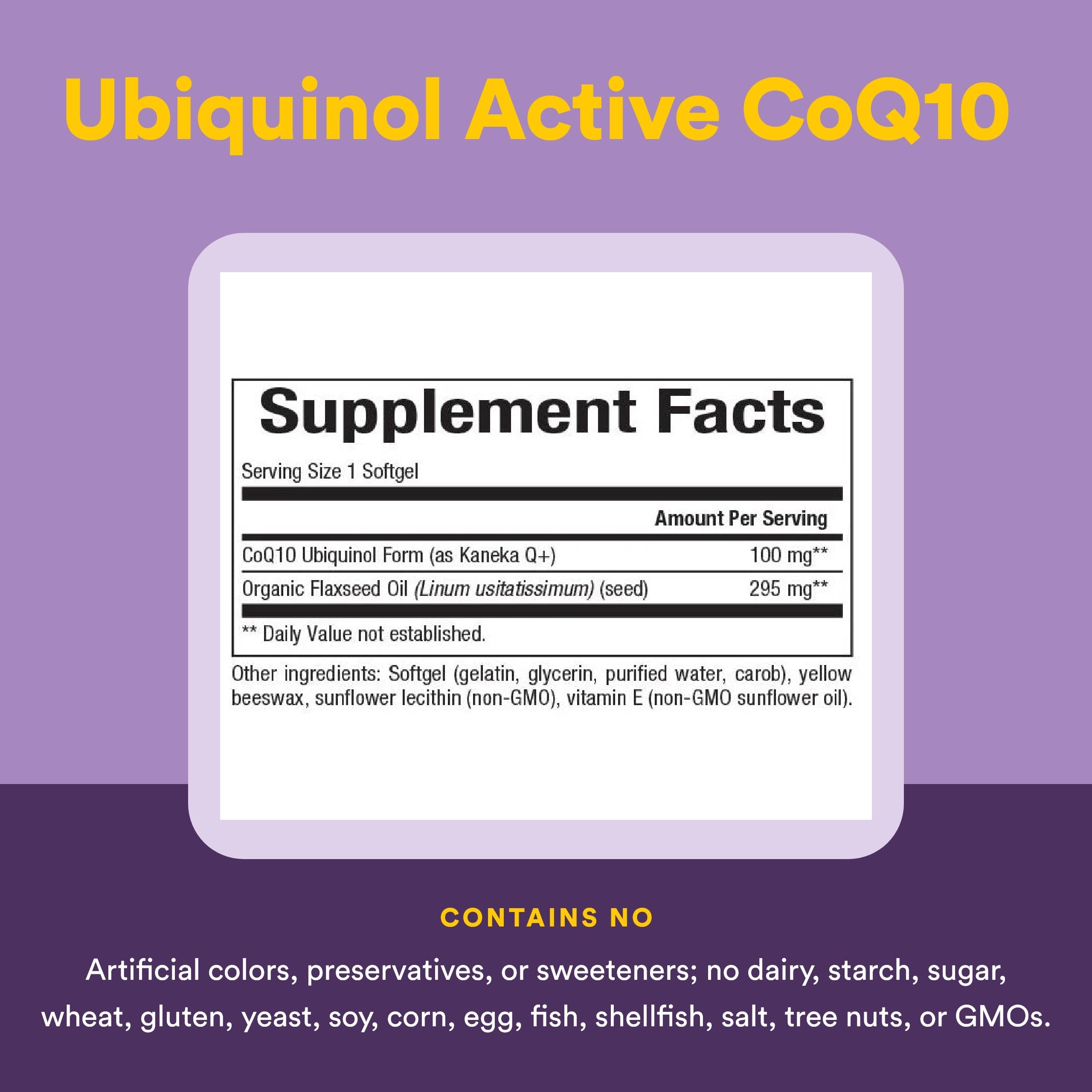 Natural Factors ubiquinol 100 mg, etiqueta frontal, fácil identificación de ingredientes.