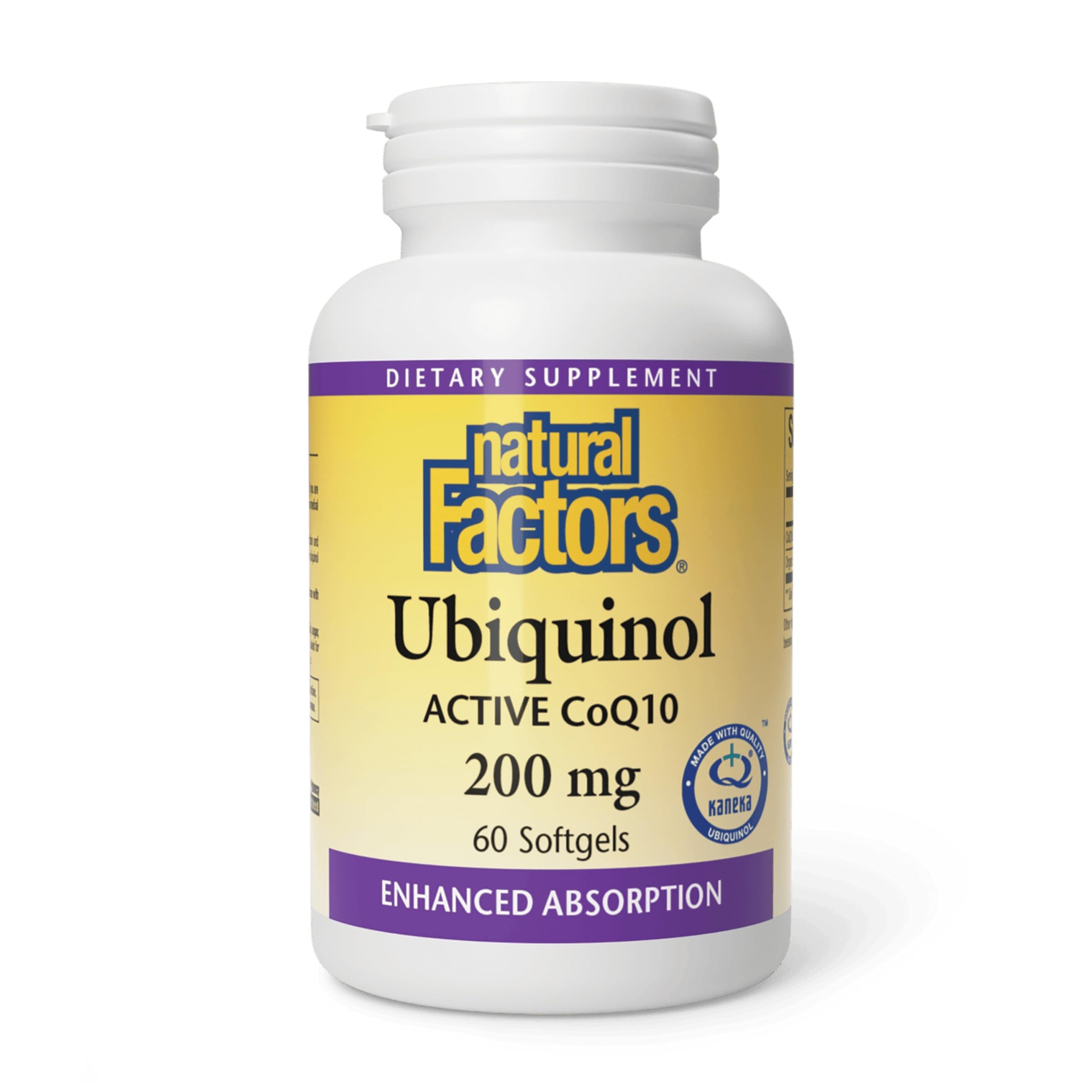 Natural Factors Ubiquinol 200 mg, cápsulas blandas, frasco, favorecen la energía diaria.