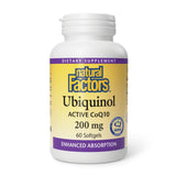 Natural Factors Ubiquinol 200 mg, cápsulas blandas, frasco, favorecen la energía diaria.