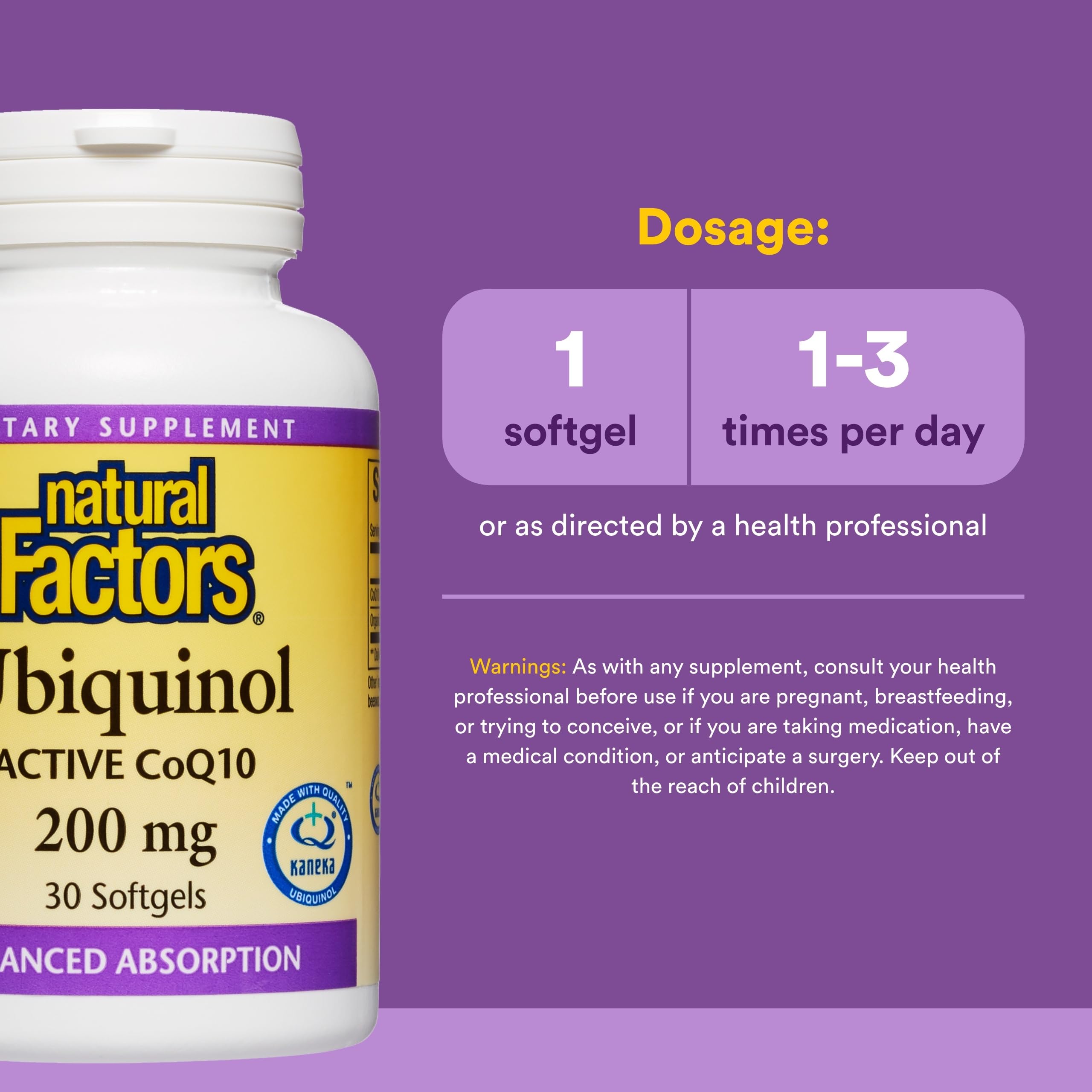Natural Factors ubiquinol 200 mg frasco con etiqueta clara.