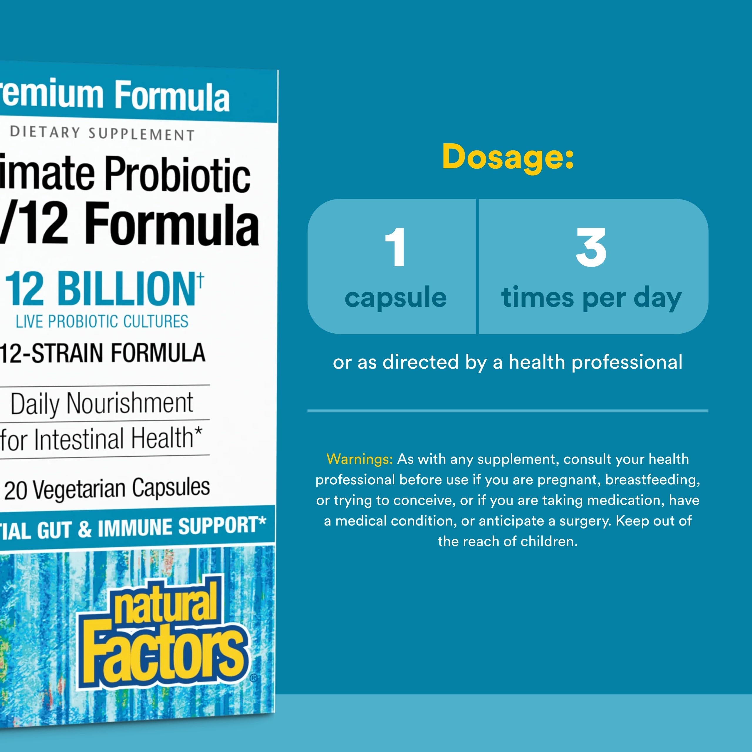 Natural Factors Ultimate Probiotic 12/12: cápsulas vegetarianas en mano para uso diario.