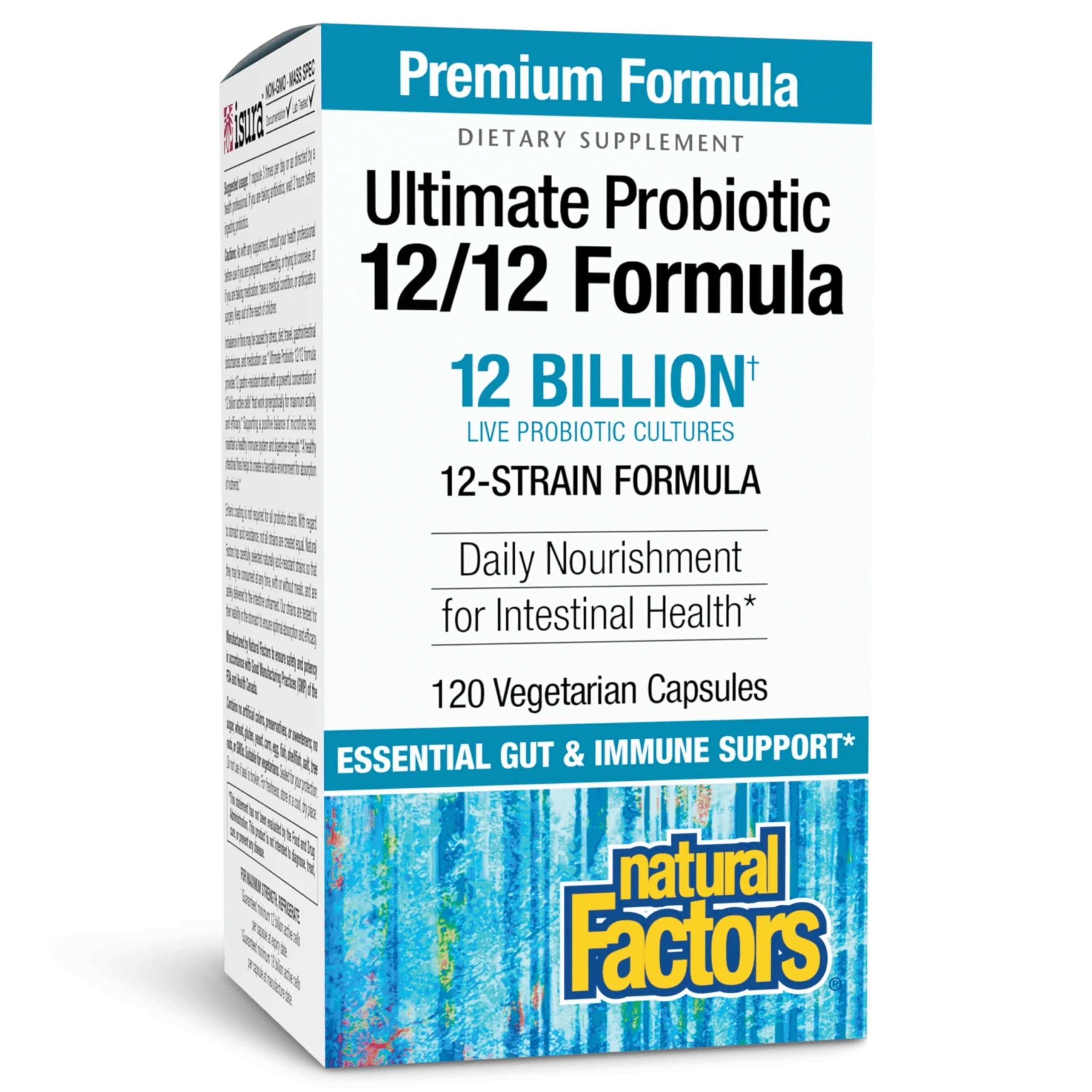 Natural Factors Ultimate Probiotic 12/12: cápsulas vegetarianas para salud digestiva diaria.