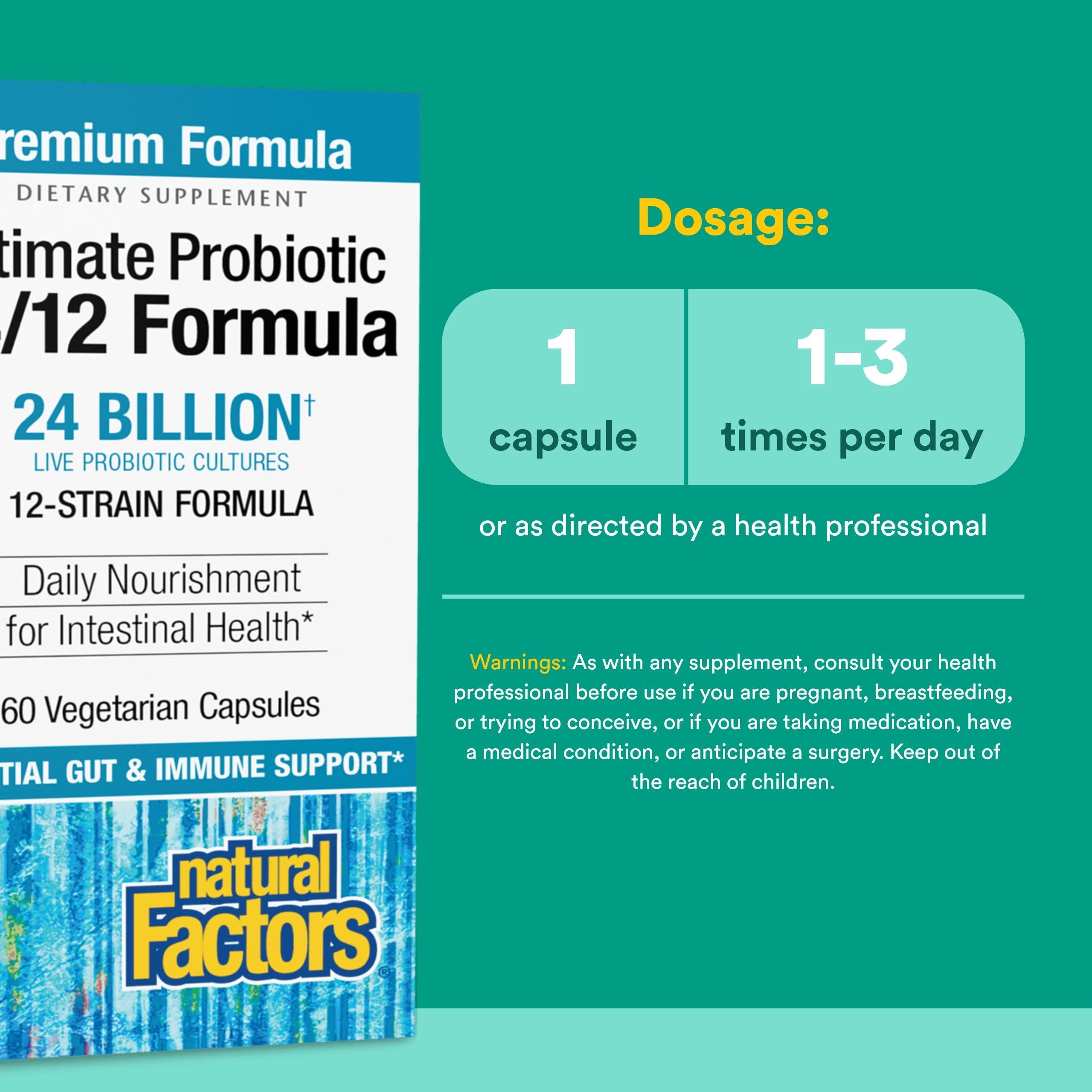 Natural Factors Ultimate Probiotic 24/12 - dosis de 24 mil CFU para soporte intestinal.