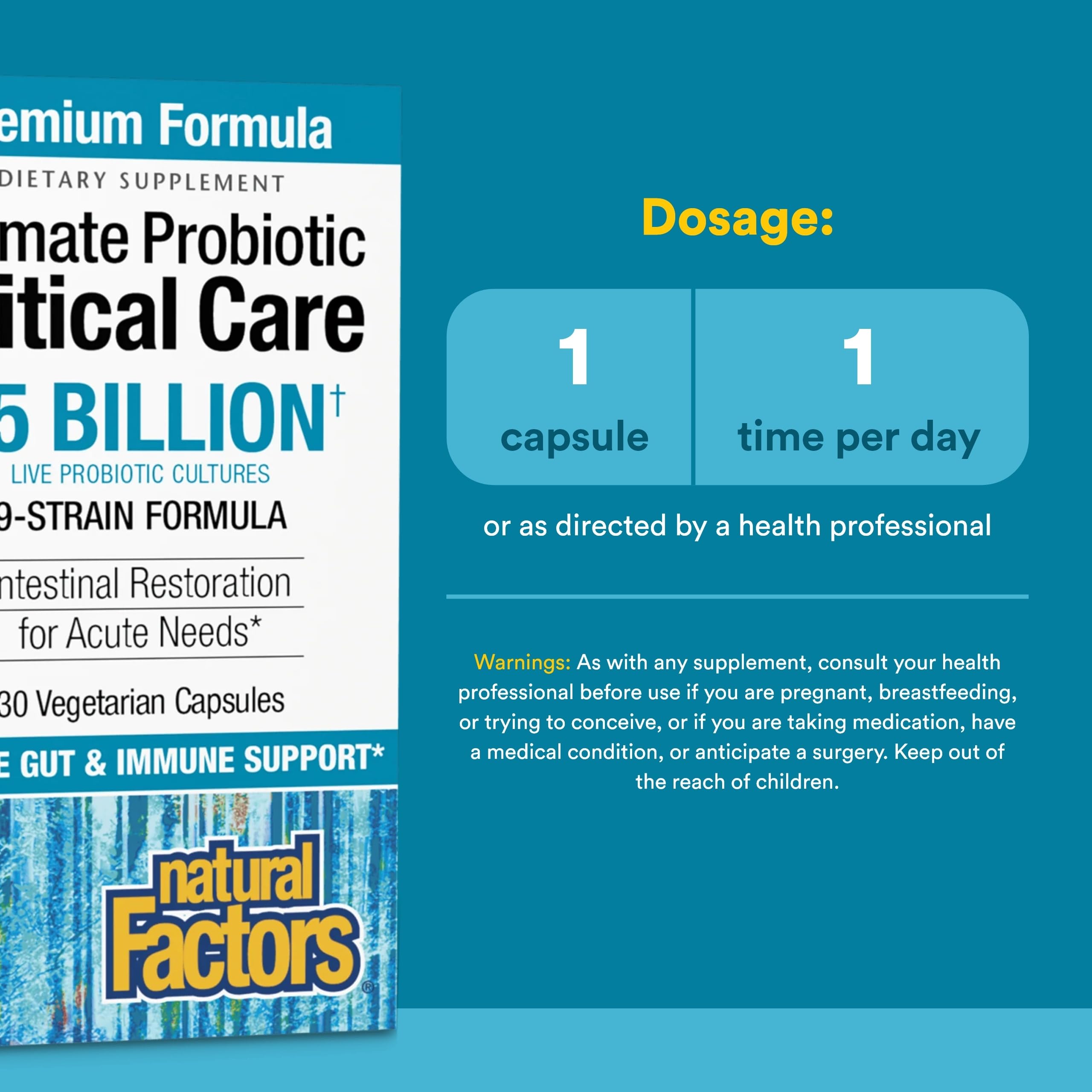 Cápsulas de Natural Factors Ultimate Probiotic Critical Care fáciles de tragar