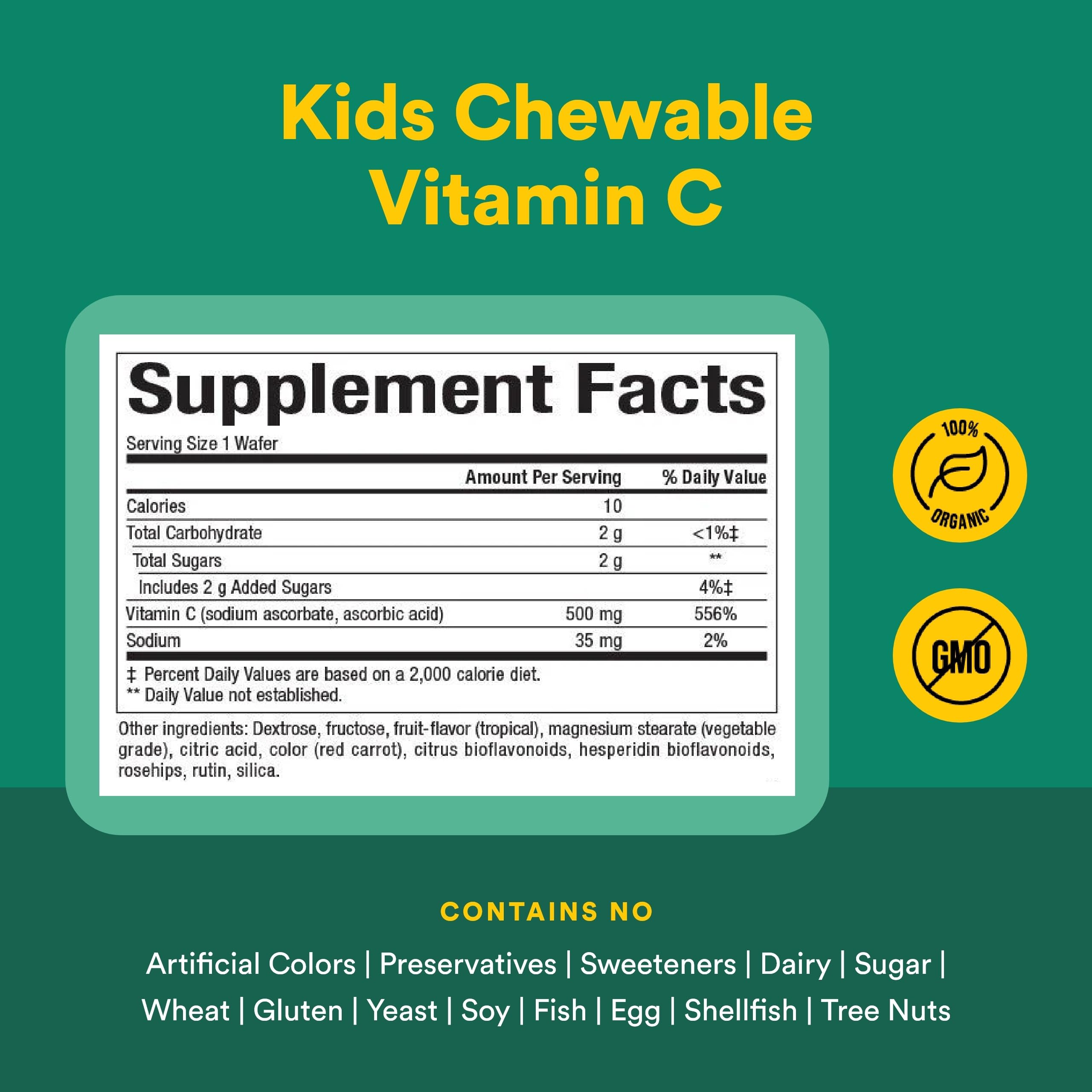 Natural Factors Vitamina C 500 mg: etiqueta clara con ingredientes y opciones sin alérgenos.