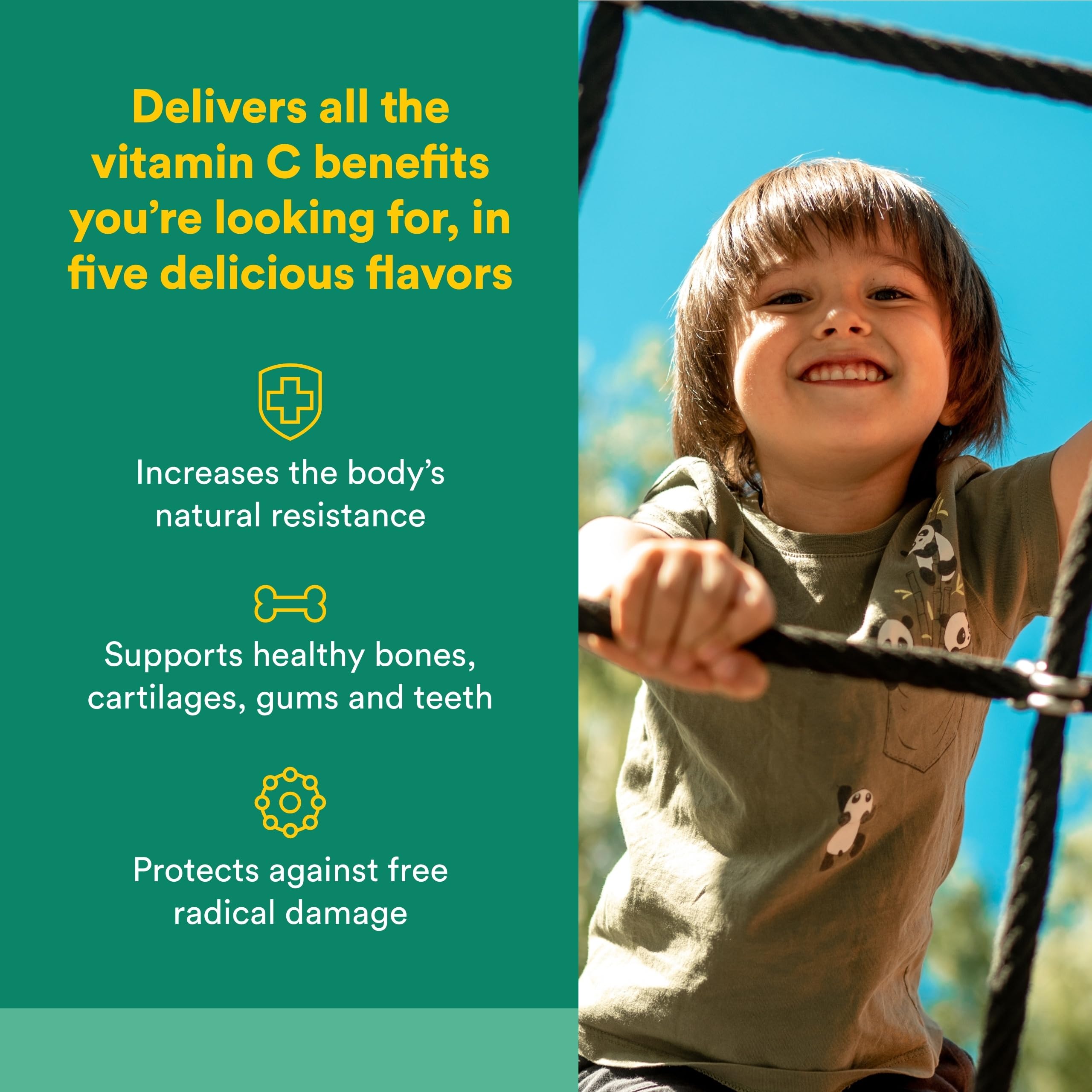 Natural Factors Vitamina C 500 mg: niño sonriendo con sabor tropical para apoyar la inmunidad.