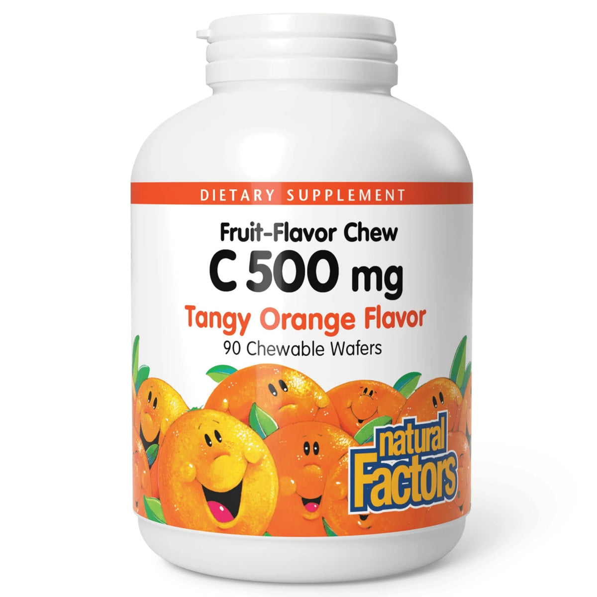 Natural Factors Vitamina C 500 mg para Niños, botella con tabletas naranja masticables