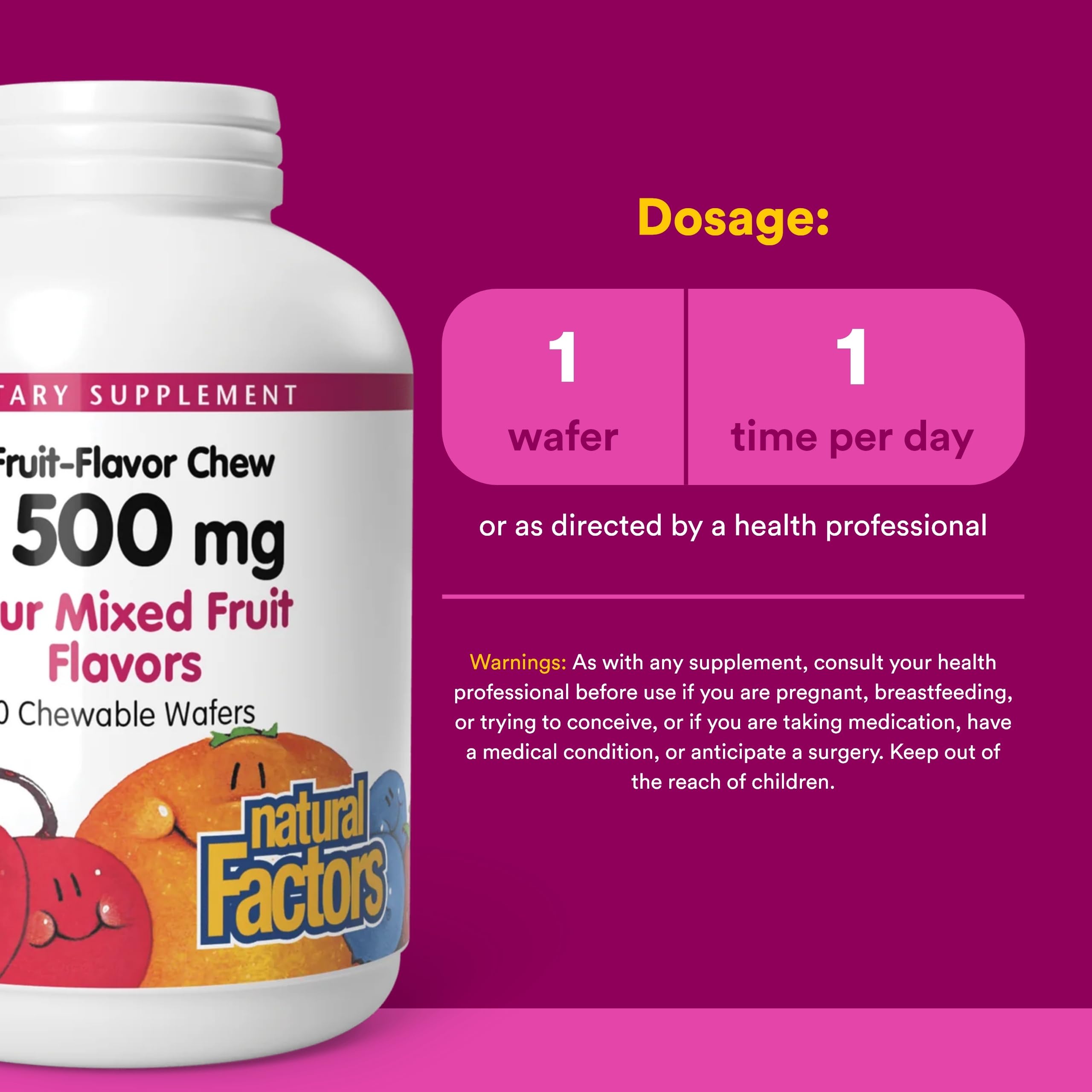 Natural Factors, vitamina C 500 mg en wafers para niños, sabor fruta