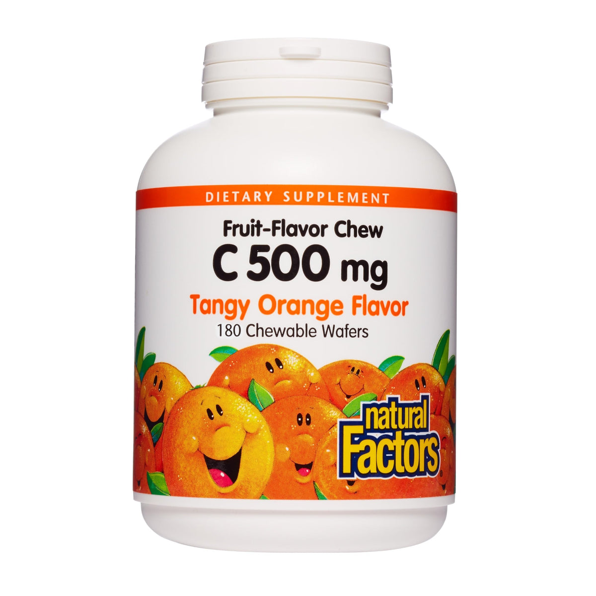 Natural Factors Vitamina C infantil masticable 500 mg en envase práctico para apoyar el sistema inmunitario.