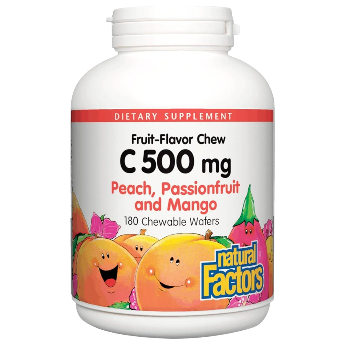 Natural Factors Vitamina C para niños: galleta-fruta, sabor agradable para consumo diario.