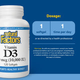 Natural Factors Vitamina D3 10000IU: cápsulas en aceite de linaza orgánico para biodisponibilidad.